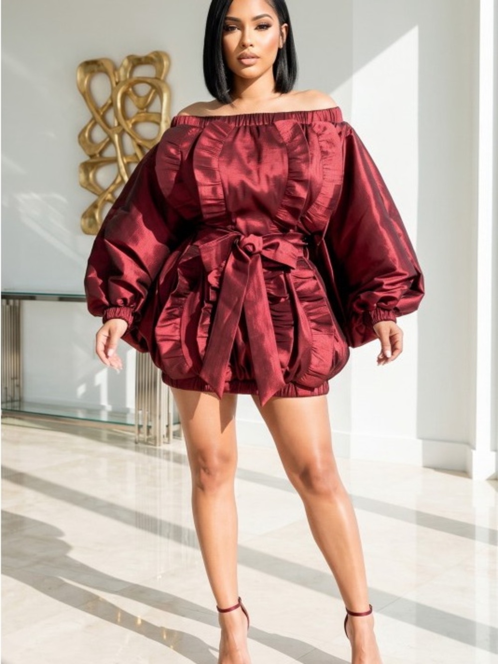 Off-Shoulder Burgundy Satin Mini Dress with Waist Tie D-69811